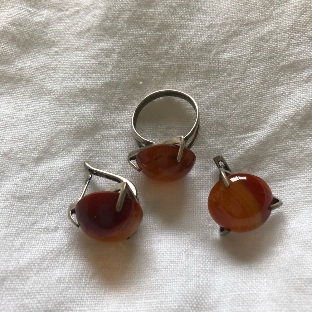 Silver Brown Stone Unique Minimalist Earrings And Ring Set. Size 9.